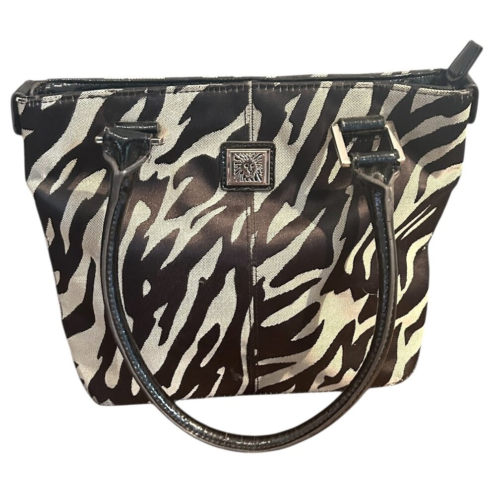 Anne Klein Cut Out Zebra Print Satchel Bag Purse Patent Black Tan Red Interior